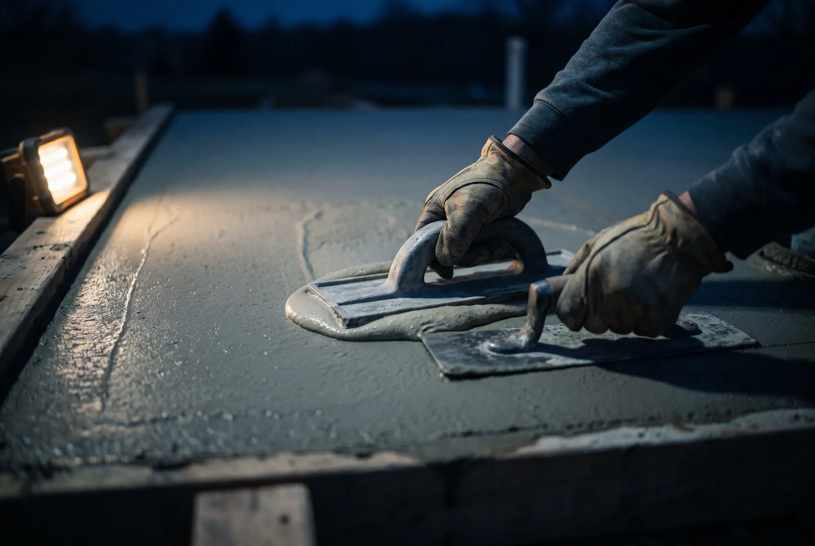 Gloved hands running a hand float across wet concrete